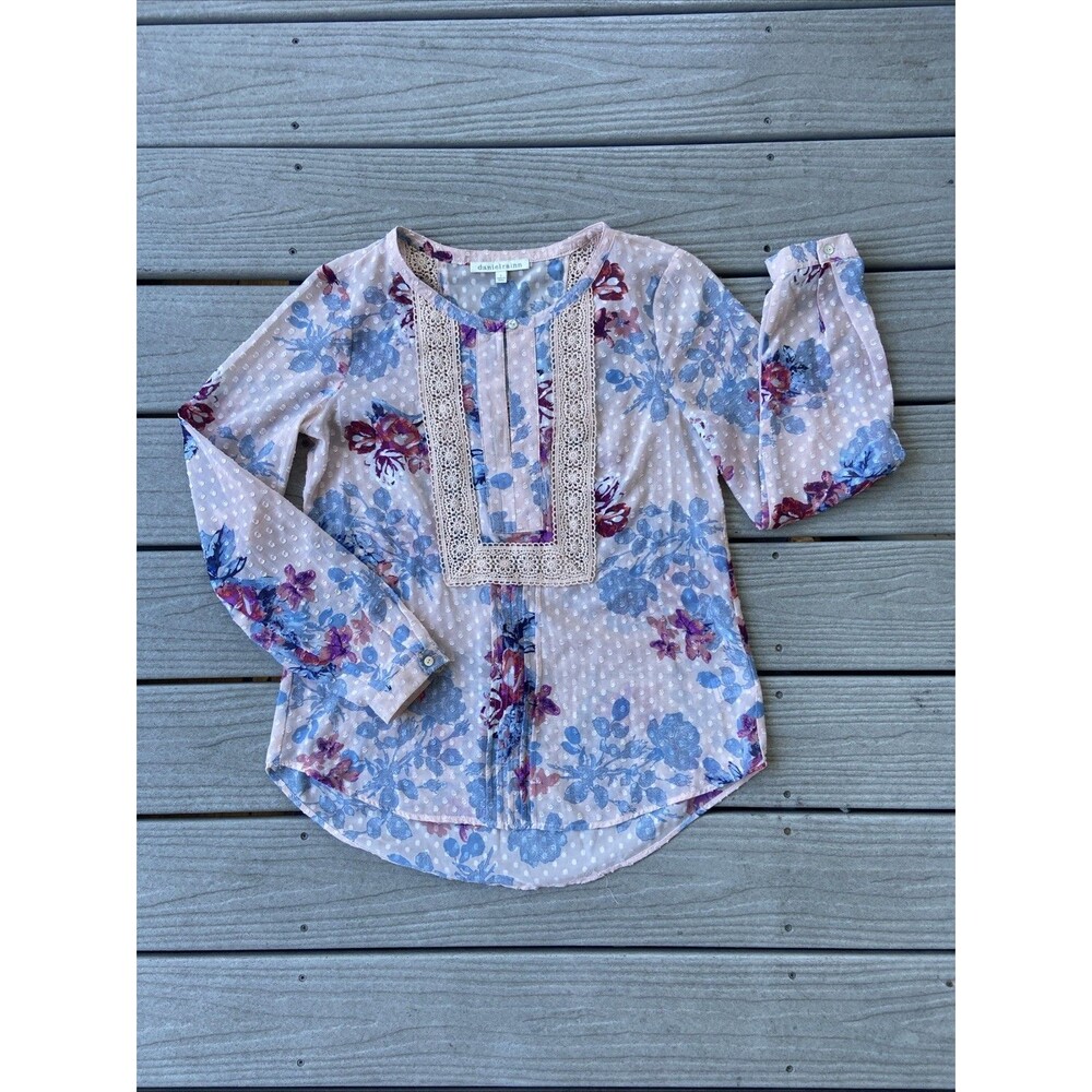 Daniel Rainn Women’s Small Floral Lace Swiss Dot Blouse Boho Peasant Top